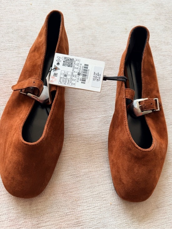 Zara Shoes - Zara Rust Brown Suede Mary Jane Flats Silver Buckle Size 7.5 NWT